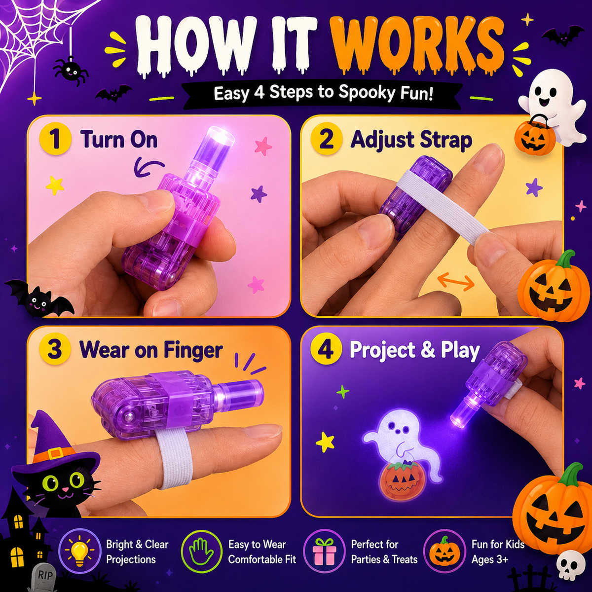 Magic Halloween Finger Projector Rings – LED Light-Up Spooky Toys